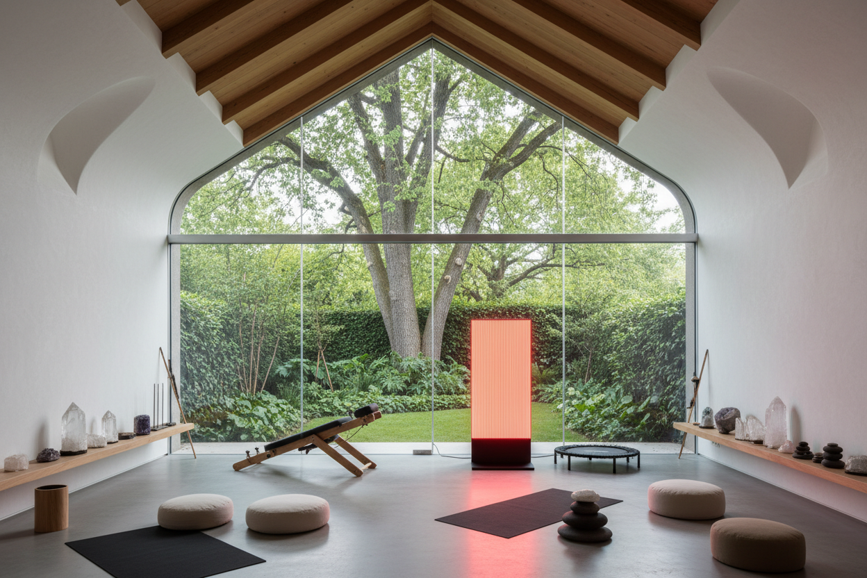 geneerat wan iamge of a wondeerful architecutal igh celingdn weiht ehitre walls and a large windoes that shwos a lusciout garden with big tall trees of a wellnes home room with a red ligh thepray panle and other groinidic v devices in